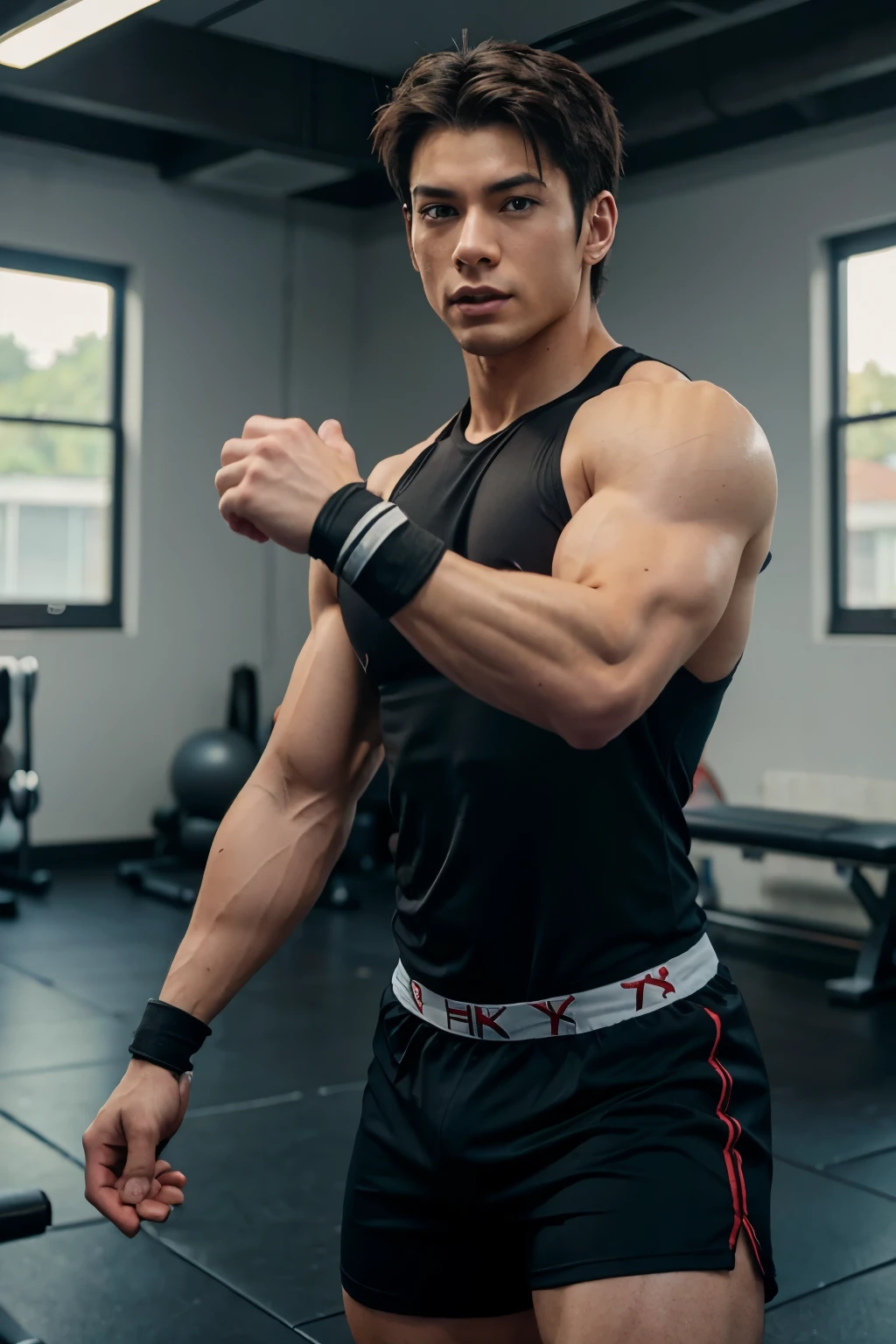 Muscular male anime character training in the gym 