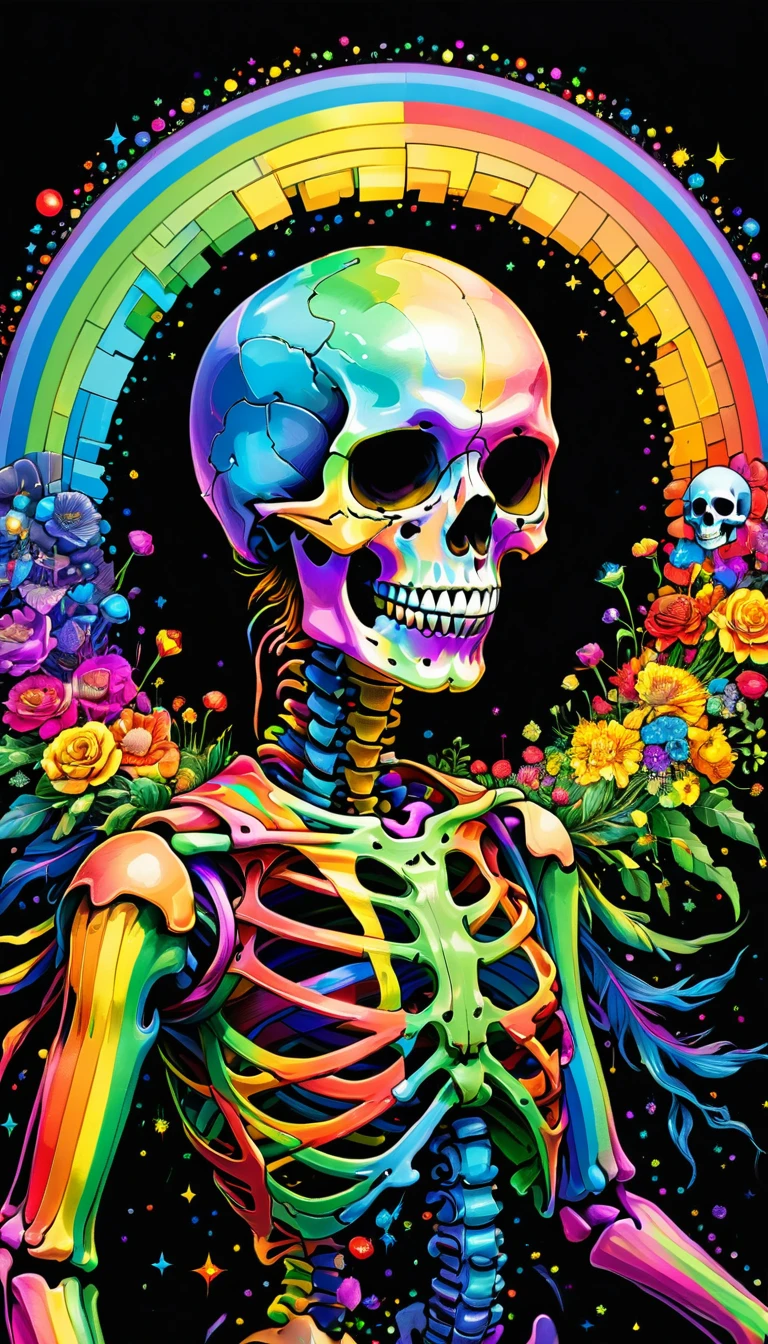 pixel sorted，Drawing of a human metal polished skeleton on black background,A rainbow surrounds the skull，Form different structures， Stunning rendering, Magical rainbow elements,Brilliant circular rainbow composition，Circular composition，Solitary