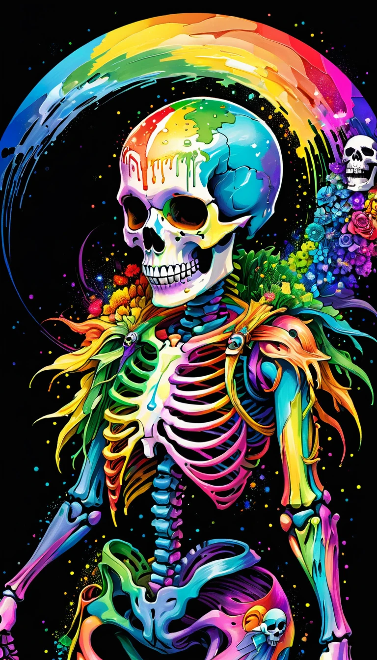 pixel sorted，Drawing of a human metal polished skeleton on black background,A rainbow surrounds the skull，Form different structures， Stunning rendering, Magical rainbow elements,Brilliant circular rainbow composition，Circular composition，Solitary