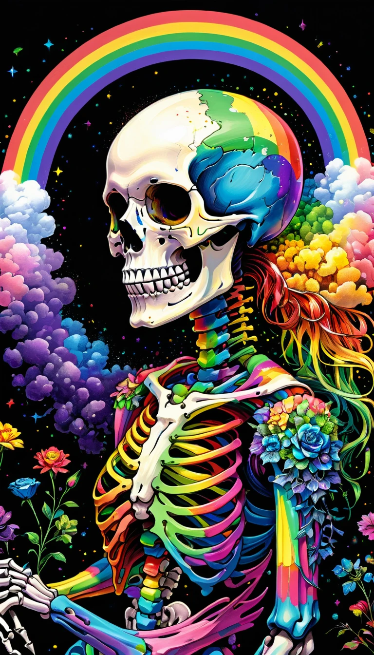 pixel sorted,Drawing of a human metal polished skeleton on black background,A rainbow surrounds the skull,Form different structures, Stunning rendering, Magical rainbow elements,Brilliant circular rainbow composition,Circular composition,Solitary