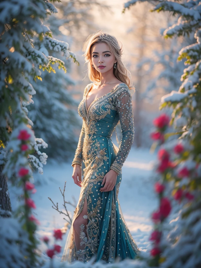 Beautiful European Girl, posing as December&#39;s girlfriend, age 23, with mesmerizing eyes, juicy lips, and a charming smile. She&#39;s surrounded in a frozen garden, winter starry night, Northern lights, Creating a scenic scene. Woman wearing glamorous outfit, which emphasizes its shape and gives the composition a touch of elegance.. The work is done in a realistic style., with exceptional attention to detail, demonstrating the intricate patterns on the girl&#39;s dress and the texture of frozen garden foliage.. Colors are bright and rich, with a warm color palette, creating a cozy winter atmosphere. The lighting is soft and diffused, casting gentle shadows on the girl’s face and emphasizing the beauty of the surroundings. Overall image quality is of the highest standards., with ultra-detailed rendering and sharp focus. It is a masterpiece, conveying the essence of the charm and beauty of December..