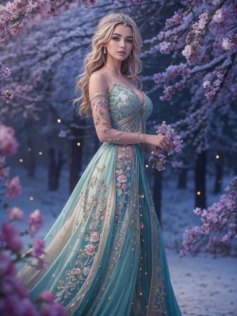 Beautiful European Girl, posing as December&#39;s girlfriend, age 23, with mesmerizing eyes, juicy lips, and a charming smile. She&#39;s surrounded in a frozen garden, winter starry night, Northern lights, Creating a scenic scene. Woman wearing glamorous outfit, which emphasizes its shape and gives the composition a touch of elegance.. The work is done in a realistic style., with exceptional attention to detail, demonstrating the intricate patterns on the girl&#39;s dress and the texture of frozen garden foliage.. Colors are bright and rich, with a warm color palette, creating a cozy winter atmosphere. The lighting is soft and diffused, casting gentle shadows on the girl’s face and emphasizing the beauty of the surroundings. Overall image quality is of the highest standards., with ultra-detailed rendering and sharp focus. It is a masterpiece, conveying the essence of the charm and beauty of December..