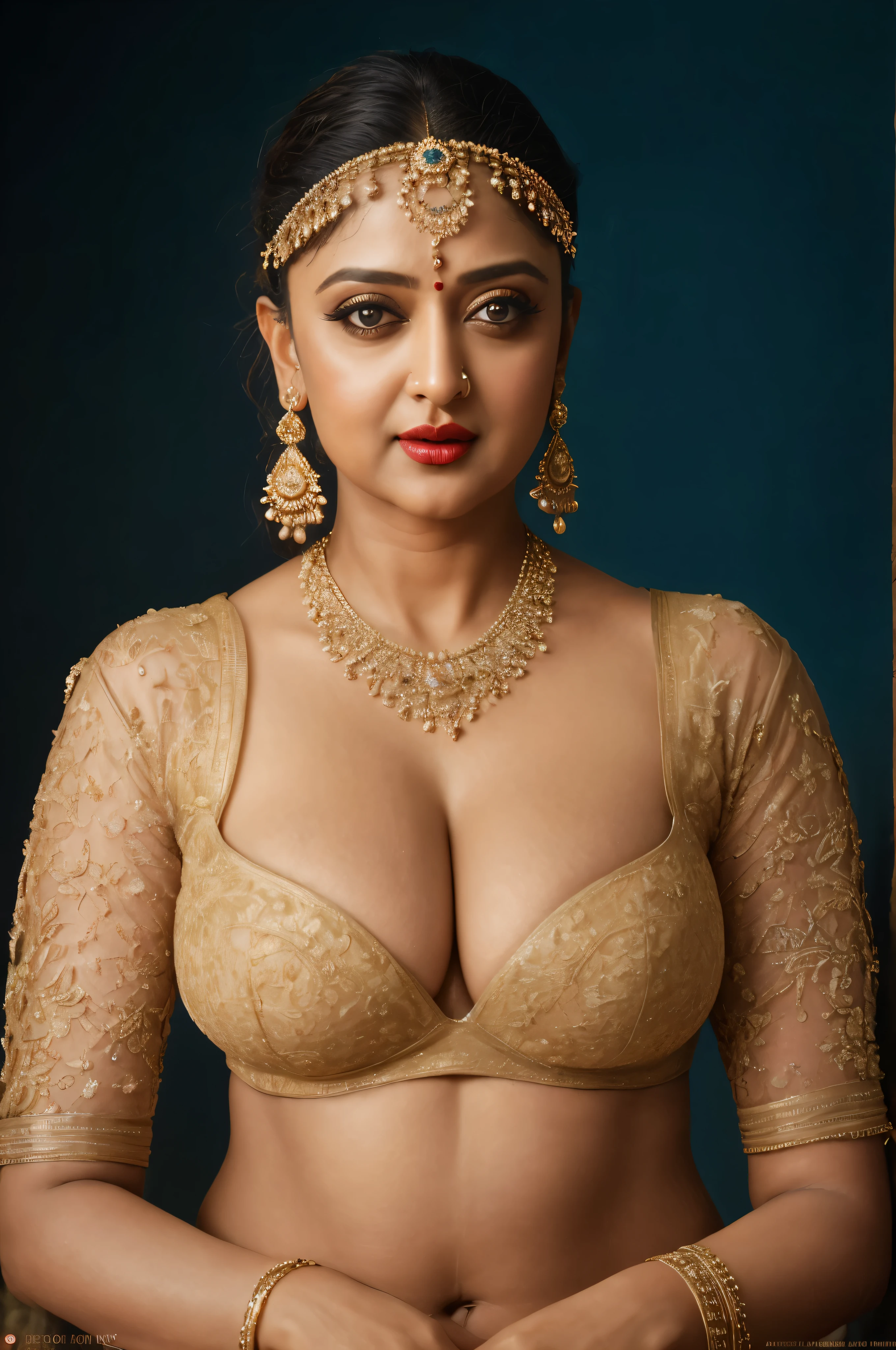 50yo mature MILF Anushka Shetty,((best quality)), ((masterpiece)), ((realistic)), eye kajal, mascara, red lips, sensual Beauty, provoking body, extreme sweat, sweat soaked skin, slight stretch marks, alluring figure, bulging figure, thick charming lady, curvy, thick navel, full figured woman, eye kajal, massive breast, full body, styled hair, pierced eyes, female face,royal aura, trend on artstation , sharp focus, studio photo, intricate detail, very detailed, detailed eye, illustration, very detailed, sharp focus, digital render, professional, 4k