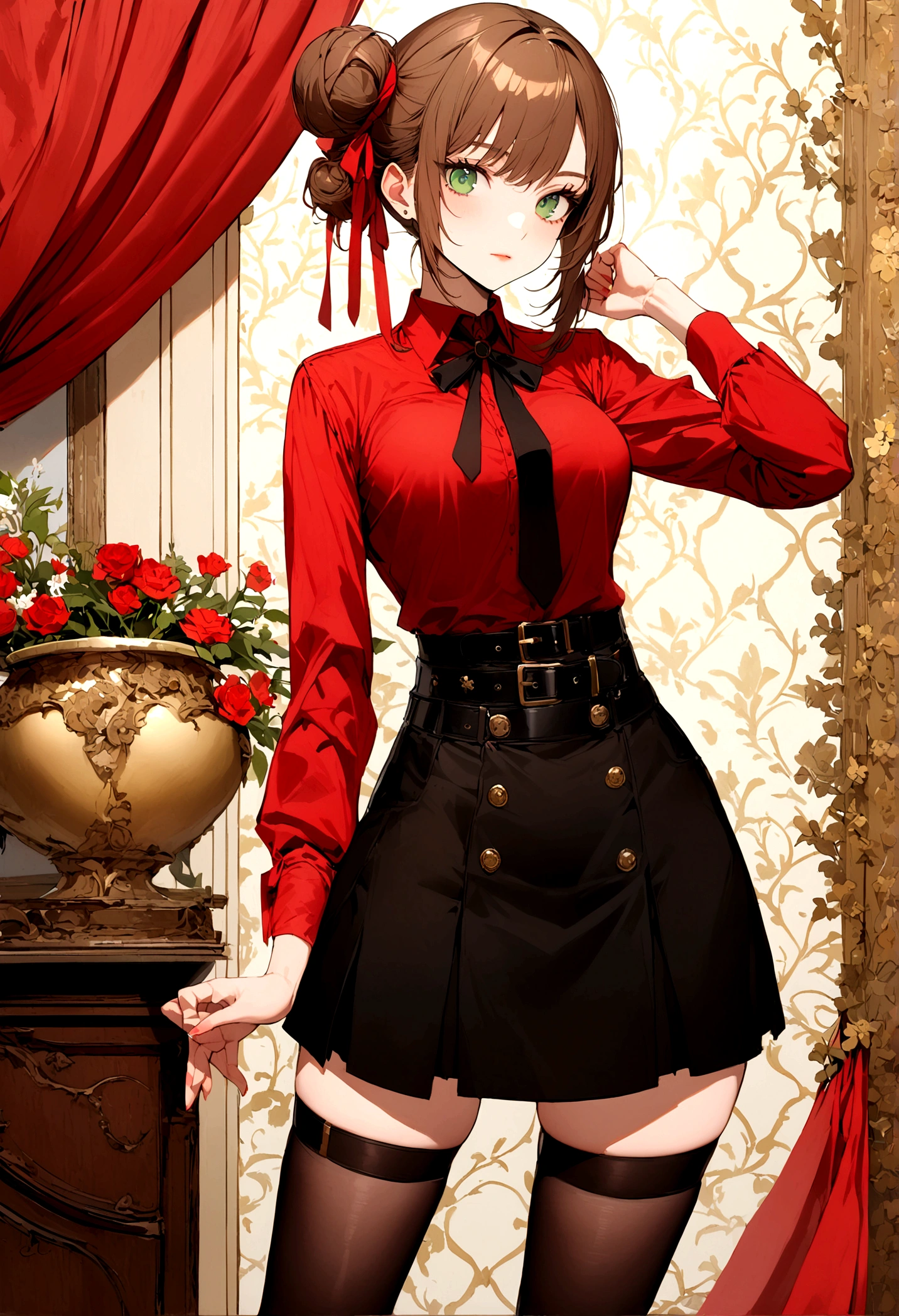Girl, brown hair, green eyes, small side bun near top of head tied with small red ribbon, skirt, thigh highs, refined eloquent modern day business, red shirt, belt