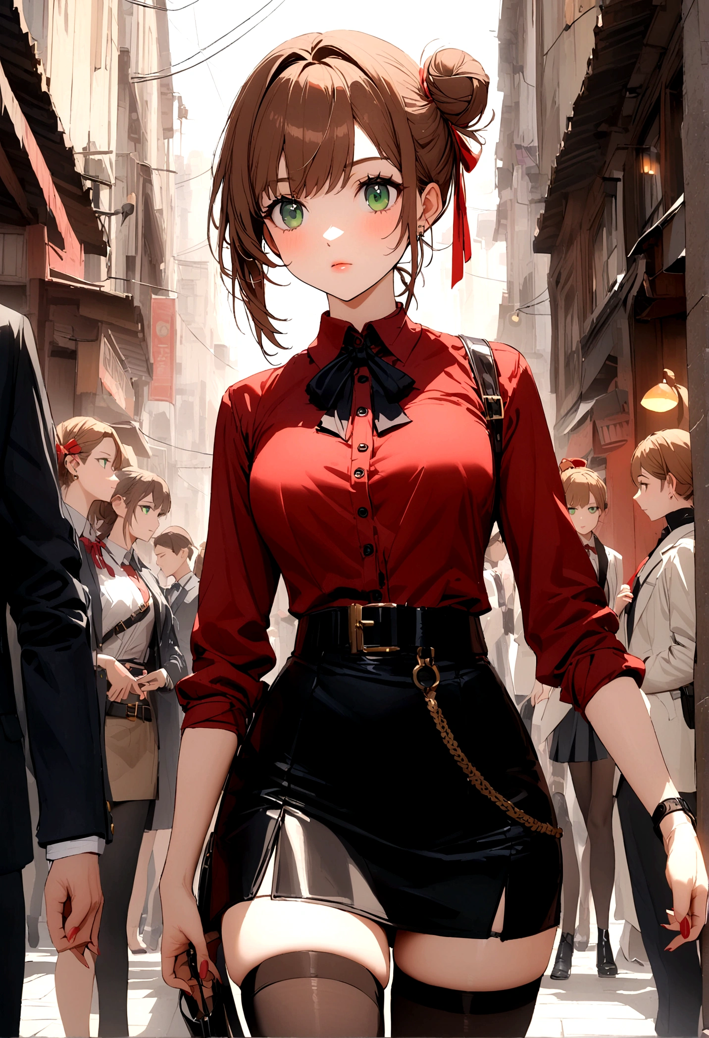 Girl, brown hair, green eyes, small side bun near top of head tied with small red ribbon, skirt, thigh highs, refined eloquent modern day business, red shirt, belt