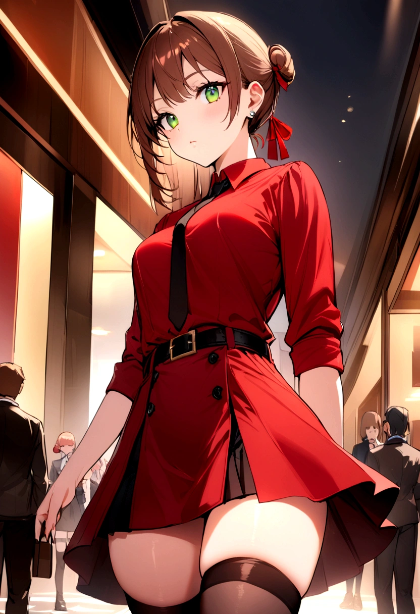 Girl, brown hair, green eyes, small side bun near top of head tied with small red ribbon, skirt, thigh highs, refined eloquent modern day business, red shirt, belt