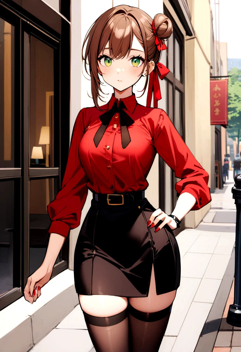 Girl, brown hair, green eyes, small side bun near top of head tied with small red ribbon, skirt, thigh highs, refined eloquent modern day business, red shirt, belt