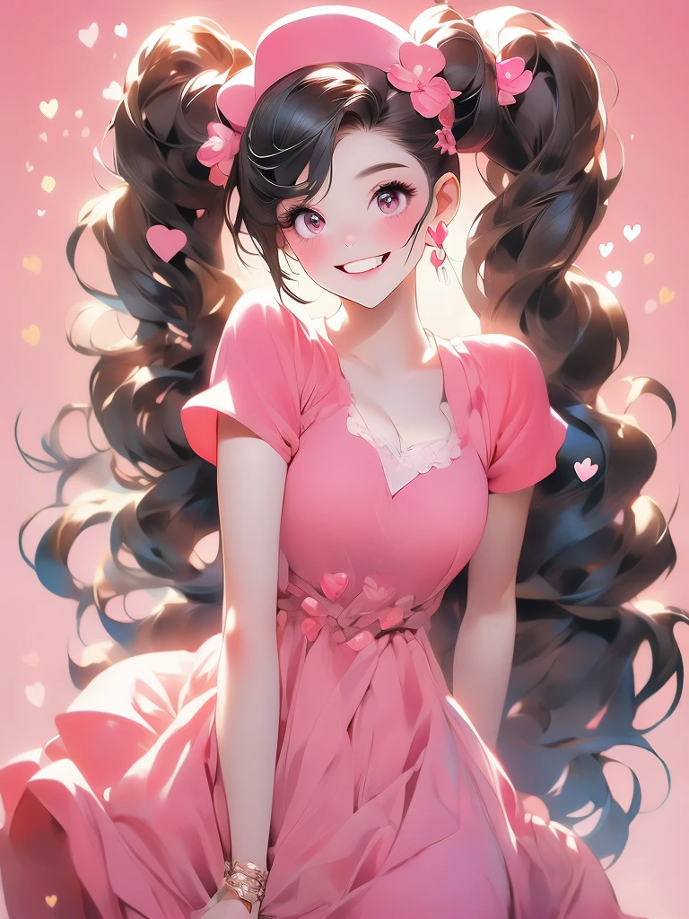 ((masterpiece,best quality)), absurdres,
smile, looking at viewer,
Hu_Tao_Genshin, 1girl, very long hair, brown hair, red eyes, brown eyes, flower-shaped pupils, twintails, hu tao \(genshin impact\), hat,
pink theme, head tilt, 
blush, box, closed mouth, commentary request, creatures (company), dress, earrings, eyelashes, game freak, gift, gift box,  holding gift, jewelry, nintendo, pink dress, red shirt, shirt, short sleeves, waist apron, wrist cuffs, heart, grin, simple background, pink background, hearts background,