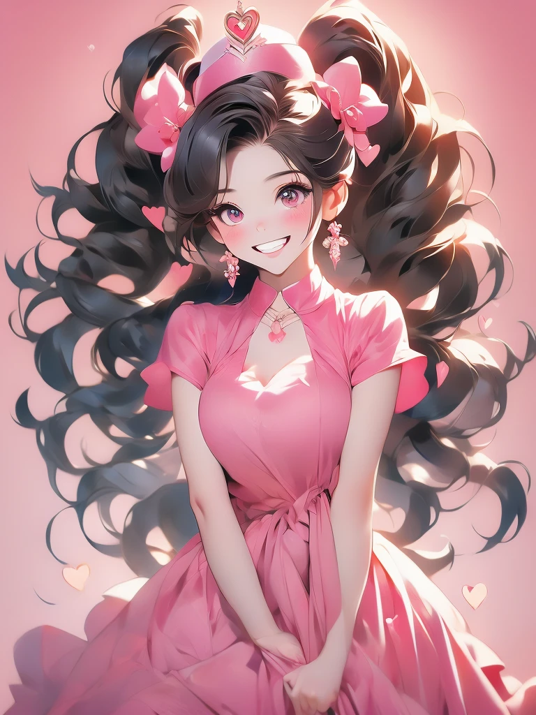 ((masterpiece,best quality)), absurdres,
smile, looking at viewer,
Hu_Tao_Genshin, 1girl, very long hair, brown hair, red eyes, brown eyes, flower-shaped pupils, twintails, hu tao \(genshin impact\), hat,
pink theme, head tilt, 
blush, box, closed mouth, commentary request, creatures (company), dress, earrings, eyelashes, game freak, gift, gift box,  holding gift, jewelry, nintendo, pink dress, red shirt, shirt, short sleeves, waist apron, wrist cuffs, heart, grin, simple background, pink background, hearts background,