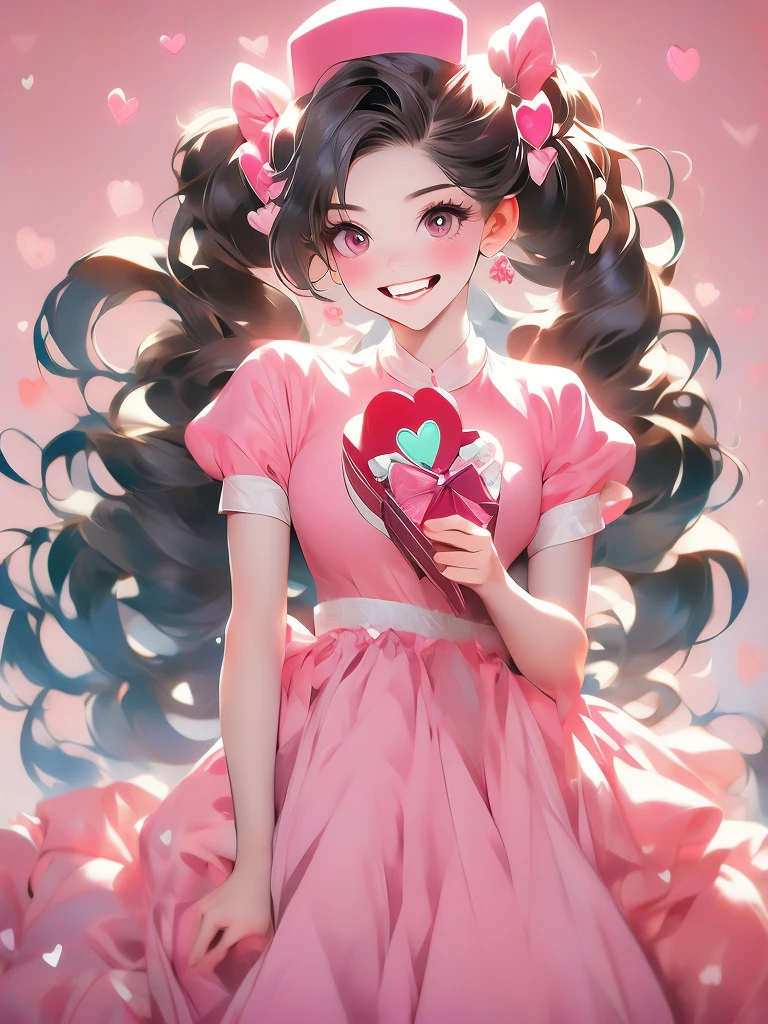 ((masterpiece,best quality)), absurdres,
smile, looking at viewer,
Hu_Tao_Genshin, 1girl, very long hair, brown hair, red eyes, brown eyes, flower-shaped pupils, twintails, hu tao \(genshin impact\), hat,
pink theme, head tilt, 
blush, box, closed mouth, commentary request, creatures (company), dress, earrings, eyelashes, game freak, gift, gift box,  holding gift, jewelry, nintendo, pink dress, red shirt, shirt, short sleeves, waist apron, wrist cuffs, heart, grin, simple background, pink background, hearts background,