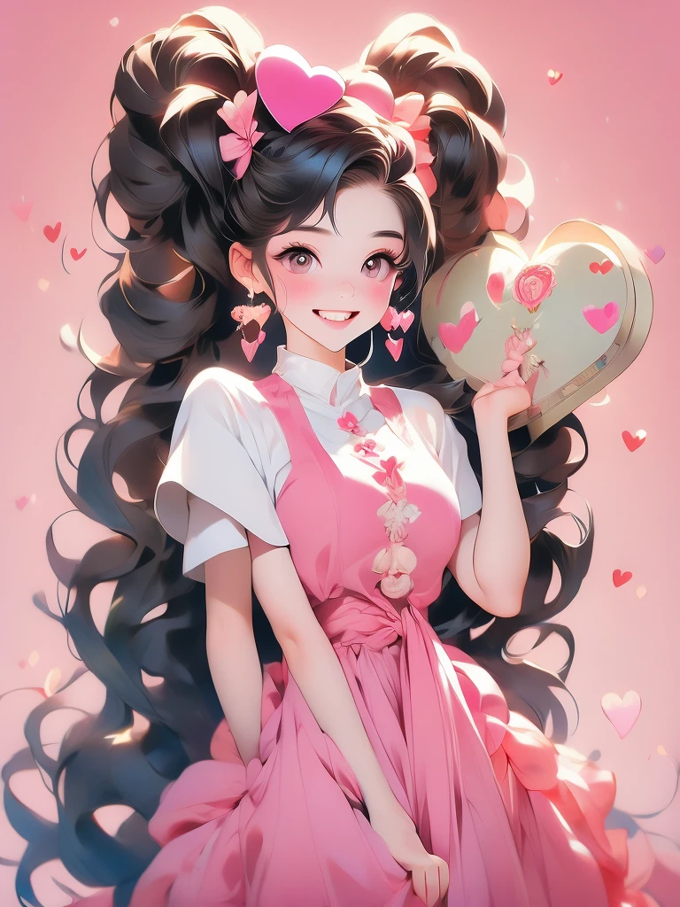 ((masterpiece,best quality)), absurdres,
smile, looking at viewer,
Hu_Tao_Genshin, 1girl, very long hair, brown hair, red eyes, brown eyes, flower-shaped pupils, twintails, hu tao \(genshin impact\), hat,
pink theme, head tilt, 
blush, box, closed mouth, commentary request, creatures (company), dress, earrings, eyelashes, game freak, gift, gift box,  holding gift, jewelry, nintendo, pink dress, red shirt, shirt, short sleeves, waist apron, wrist cuffs, heart, grin, simple background, pink background, hearts background,