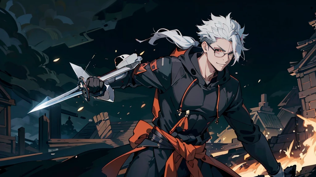 Perfect anatomy and highly detailed face, Delicate depiction of the eyes, Accurate drawing, Beautiful Hair, Detailed Background, Edgy, One person preparing for battle, Man in his late 20s, Red hoodie and black pants, Warm, loose-fitting clothing, , A casual fashion style where you wrap your jacket around your waist, Two falchions in their sheaths, A mercenary with two scimitars on his hips, A dual-wielding swordsman with his swords sheathed, Mafia with a sword scar on his nose, Villain with serious injury, Dark malicious smile, A young man with narrowed eyes laughing like a fox, Tanned dark skin, White to silvery hair, Short Ponytail Hairstyles, His trademark thick black-rimmed glasses, Cynical smile, Sarcastic mood, The scene of a large-scale indiscriminate terrorist attack, Burning and collapsing building, I have inner loneliness, Deep down, I feel like life is hard, Jealousy and envy towards successful people, The insight and resignation that come from hard work and failure, Perverse Desperation,