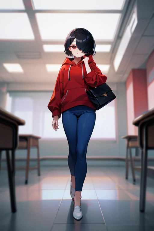 (Best quality), (flawless quality), 1girl, solo, woman, short black hair, hair over one eye, red eyes, sharp gaze, red hoodie, blue pants, white flat shoes, holding purse, in the classroom, anxious