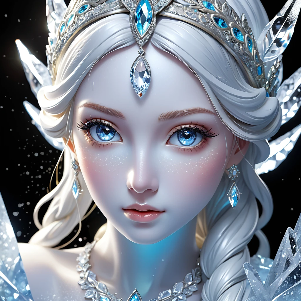 A statue of a goddess made of ice, a very beautiful ice statue of a goddess, crystal clear ice, diamond dust light,(((masterpiece))), (((best quality))), ((ultra-detailed)), (illustration), (detailed light),((an extremely delicate and beautiful)),(beautiful detailed eyes),Statue of a goddess made of ice