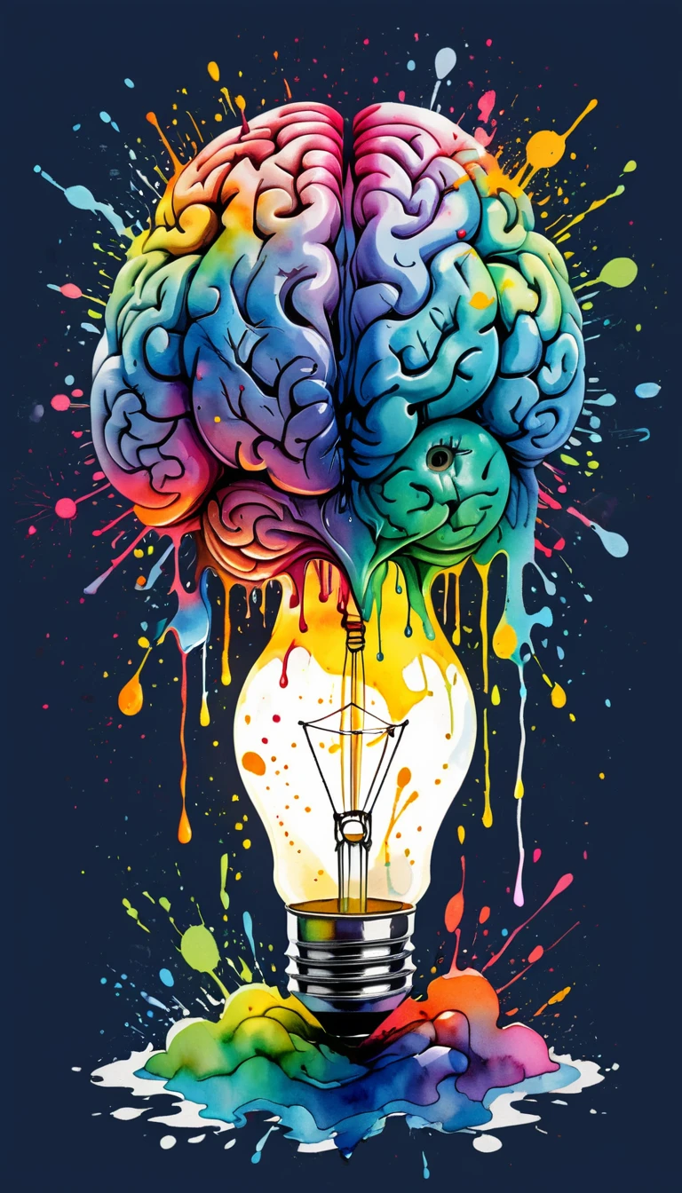 A sailboat-shaped light bulb with a brain inside. Splatter style, Ultra HD, Watercolor, Bright and attractive color options, T-shirt design, complex, stand out, The original,