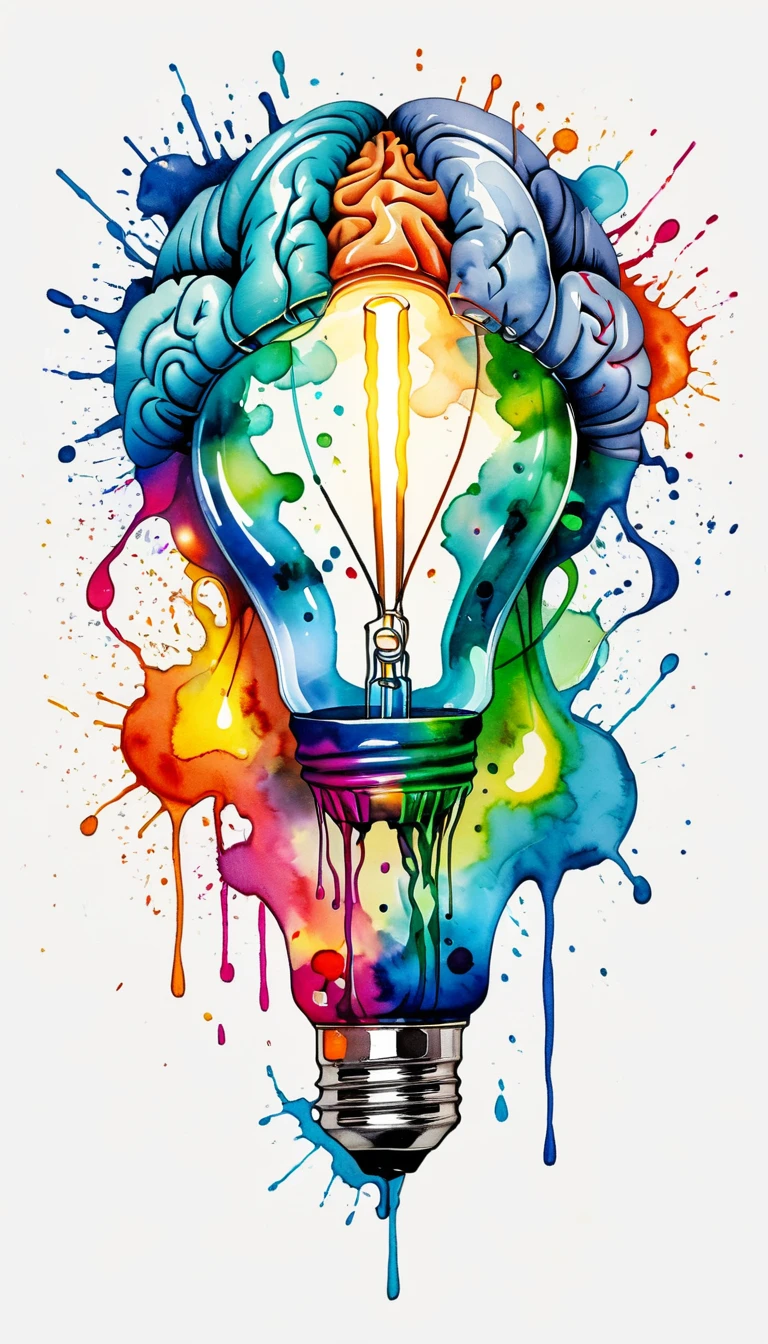A sailboat-shaped light bulb with a brain inside. Splatter style, Ultra HD, Watercolor, Bright and attractive color options, T-shirt design, complex, stand out, The original,