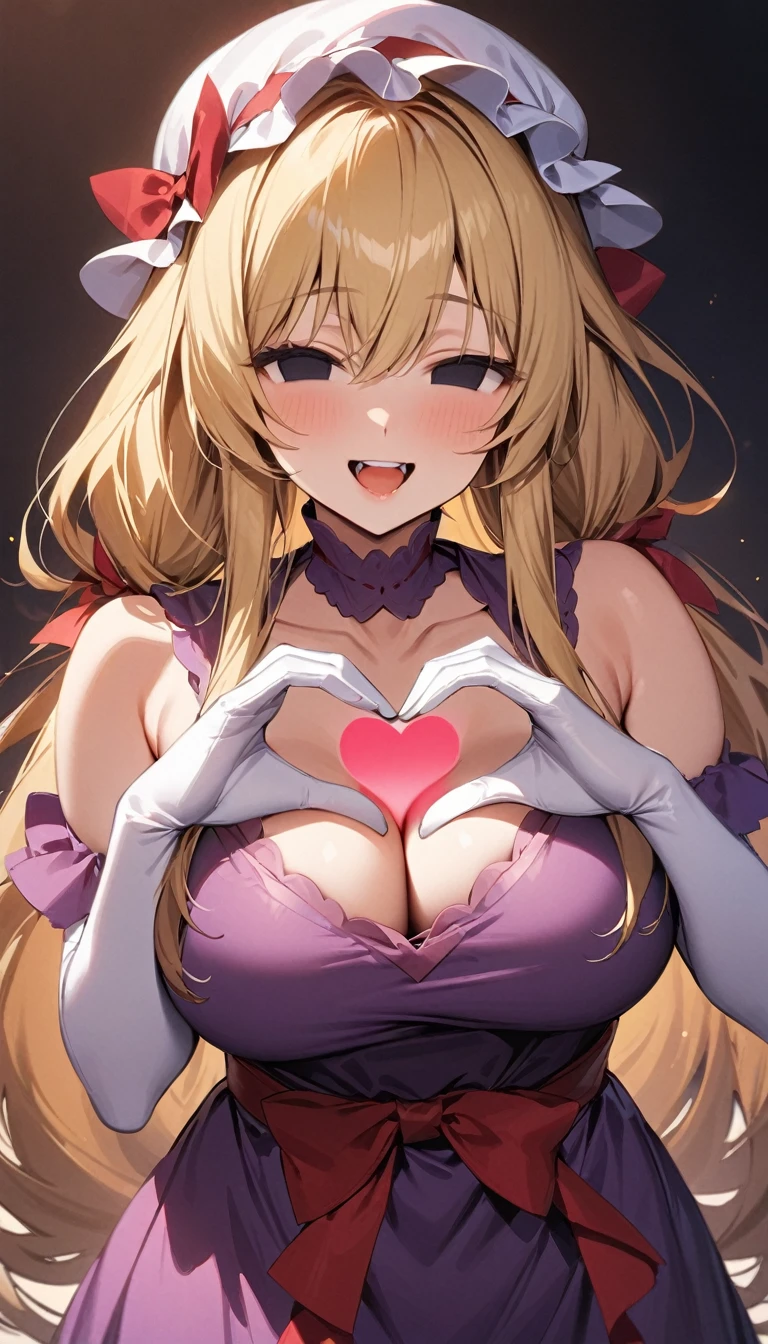 masterpiece, best quality, 1girl, solo, yakumo yukari, adult, white mob cap, blonde hair, (solid eyes), black eyes, ribbon, red bow, purple dress, cleavage, white elbow gloves, large breasts, looking at viewer, smile with teeth, open mouth, empty look, heart hands
