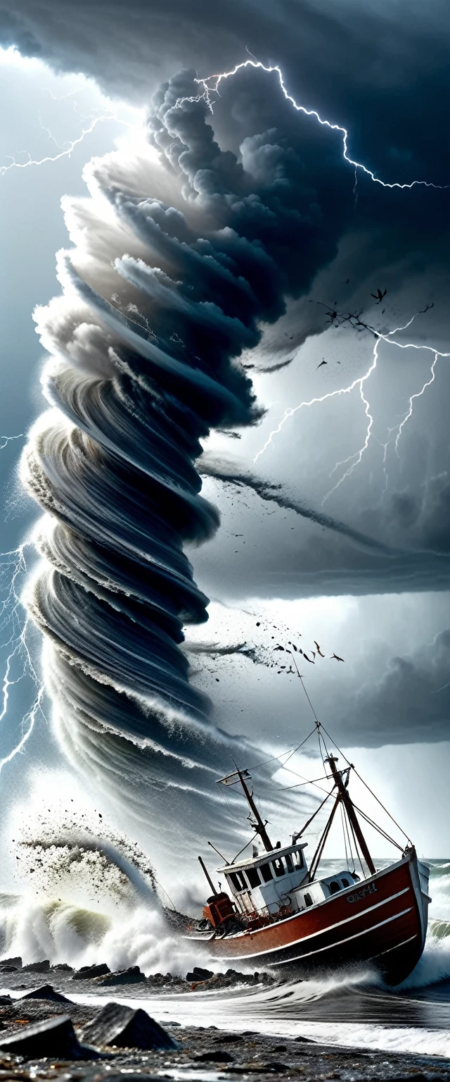 Black and White Photography,Stereoscopic photography,Large depth of field,High Definition,beach,coastal,Big sea waves,Tornado,fly,windstorm,wind,hurricane,Gloomy sky,Thunder and lightning,Strange scorched stone,Destroyed mounds of earth,broken fish boat,old,Windization,deserted,(RAW photos,Best quality),(reality,Photo reality:1.3),masterpiece,Extremely exquisite and beautiful,high resolution,Original,Perfect lighting,(Extremely detailed CG:1.2),Unite,2k wallpaper,Amazing,Fine details