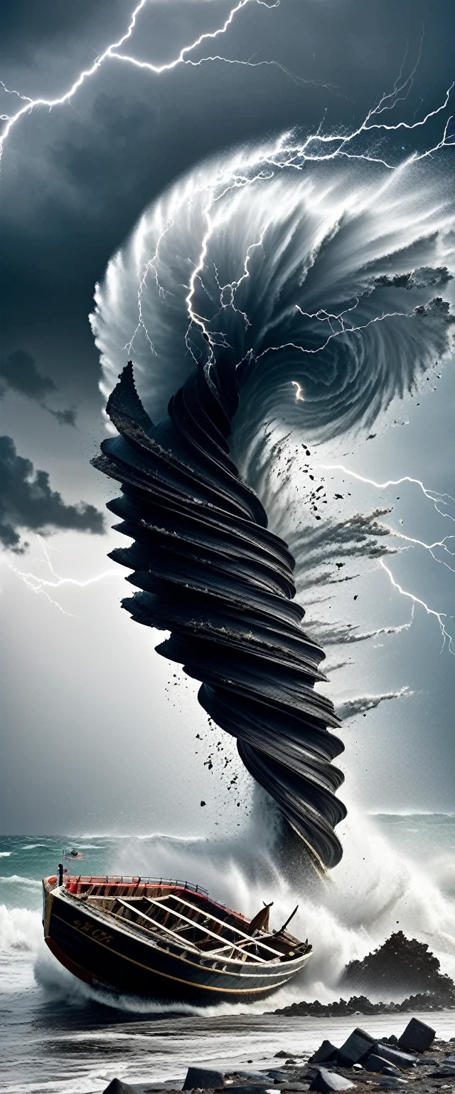 Black and White Photography,Stereoscopic photography,Large depth of field,High Definition,beach,coastal,Big sea waves,Tornado,fly,windstorm,wind,hurricane,Gloomy sky,Thunder and lightning,Strange scorched stone,Destroyed mounds of earth,broken fish boat,old,Windization,deserted,(RAW photos,Best quality),(reality,Photo reality:1.3),masterpiece,Extremely exquisite and beautiful,high resolution,Original,Perfect lighting,(Extremely detailed CG:1.2),Unite,2k wallpaper,Amazing,Fine details