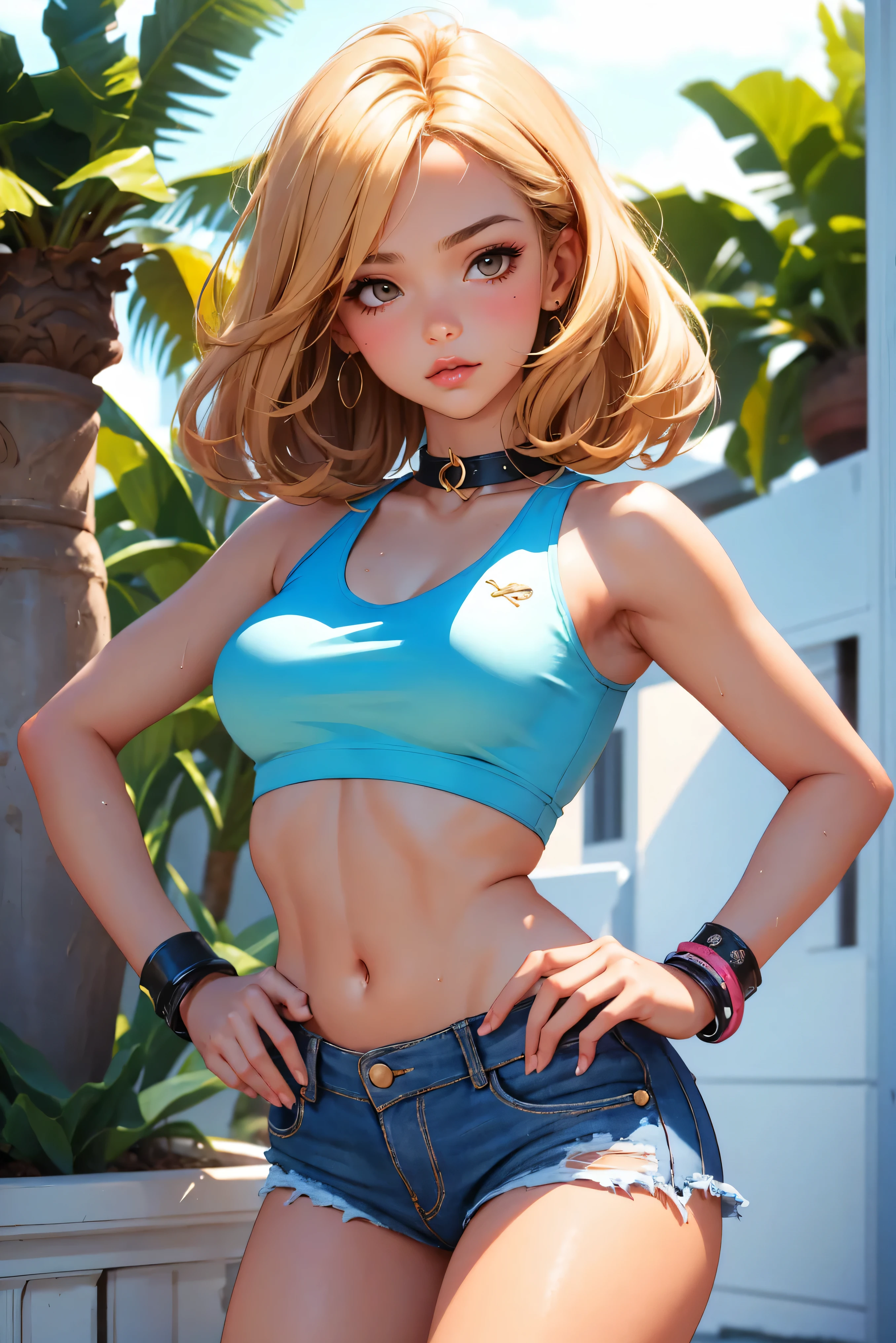 age girl-model 18 years old, hot slave naughty girl, beautiful, too much tanned, blonde, bob hair, bangs, brown eyes, beautiful figure, girl wearing crop shirt and too much short mini shorts, beautiful too much long legs, slave bracelets, slave choker, manicure, cute makeup, sweaty armpits, flirtatiously posing, hot summer, hot flirty, sexy posing, summer outfit, top quality, higest quality, pin-up style, retro 80s style, Daisy Dukes style, Miami vibes, Californian