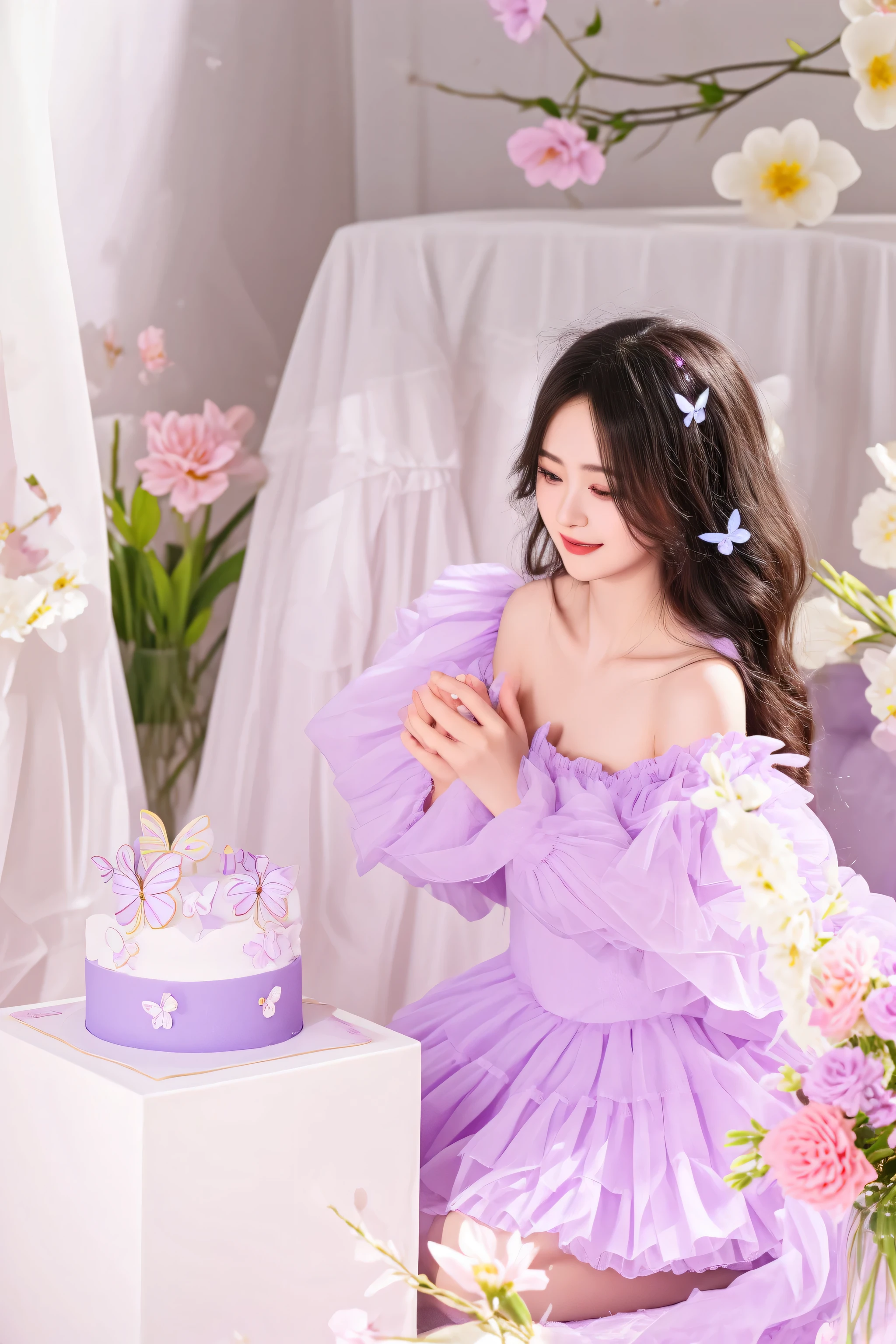 araffe woman in a purple dress sitting in front of a cake, fairycore, captured on canon eos r 6, aesthetic cute with flutter, violet colored theme, dilraba dilmurat, taken with canon 8 0 d, trending on cgstation, violet theme, belle delphine, shot with canon eoa 6 d mark ii, happy birthday