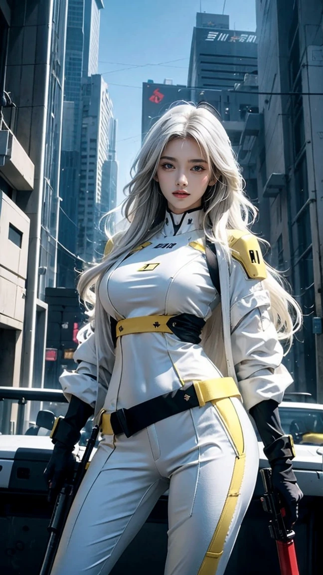 photorealistic, high resolution, soft light,1women, solo, hips up, (detailed face), white long hair, narutal big breast, yellow suit, cybersamurai, cyborg at leg and arm, naked body, small breast, cyberpunk, holding gun, glowing, gun, sniper, on the street, with mecha