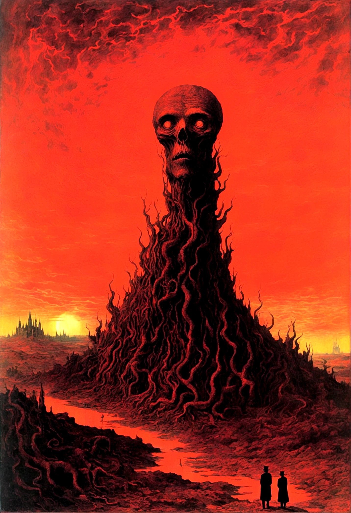 Mythical creatures, author:Zdzislaw Beksiński and Vincent Van Gogh, Album cover, romantic, Surrealism, Futuristic ,Smiling Corpse, Coral, Wizard, Abstracted, dark, red, landscape
