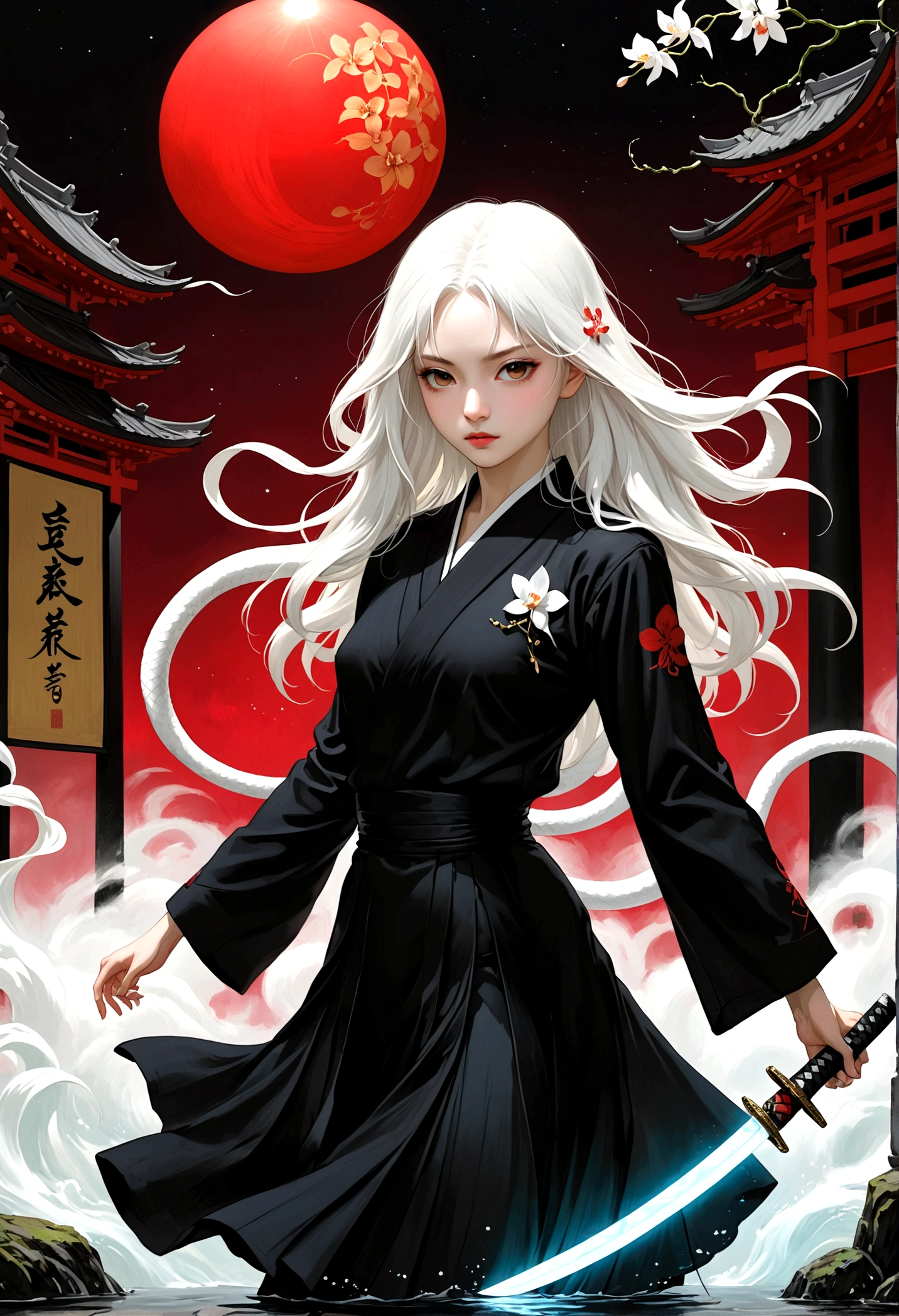 (style of santiago caruso:1.1),1 girl,Black sailor suit pleated skirt,Blurred foreground,orchid,Long white hair fluttering in the wind,Background blur,Red sphere background,permanent,Japanese sword,握着Japanese sword,(眼睛被orchid盖住),A transparent bioluminescent bone snake wrapped around the body