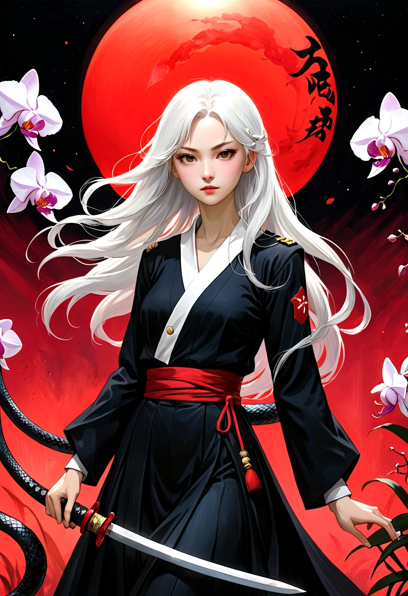 (style of santiago caruso:1.1),1 girl，Black sailor suit pleated skirt，Blurred foreground，orchid，Long white hair fluttering in the wind，Background blur，Red sphere background，permanent，Japanese sword，握着Japanese sword，（眼睛被orchid盖住），A transparent bioluminescent bone snake wrapped around the body