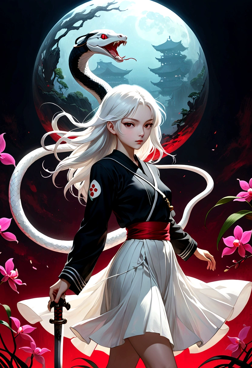(style of santiago caruso:1.1),1 girl,Black sailor suit pleated skirt,Blurred foreground,orchid,Long white hair fluttering in the wind,Background blur,Red sphere background,permanent,Japanese sword,握着Japanese sword,(眼睛被orchid盖住),A transparent bioluminescent bone snake wrapped around the body