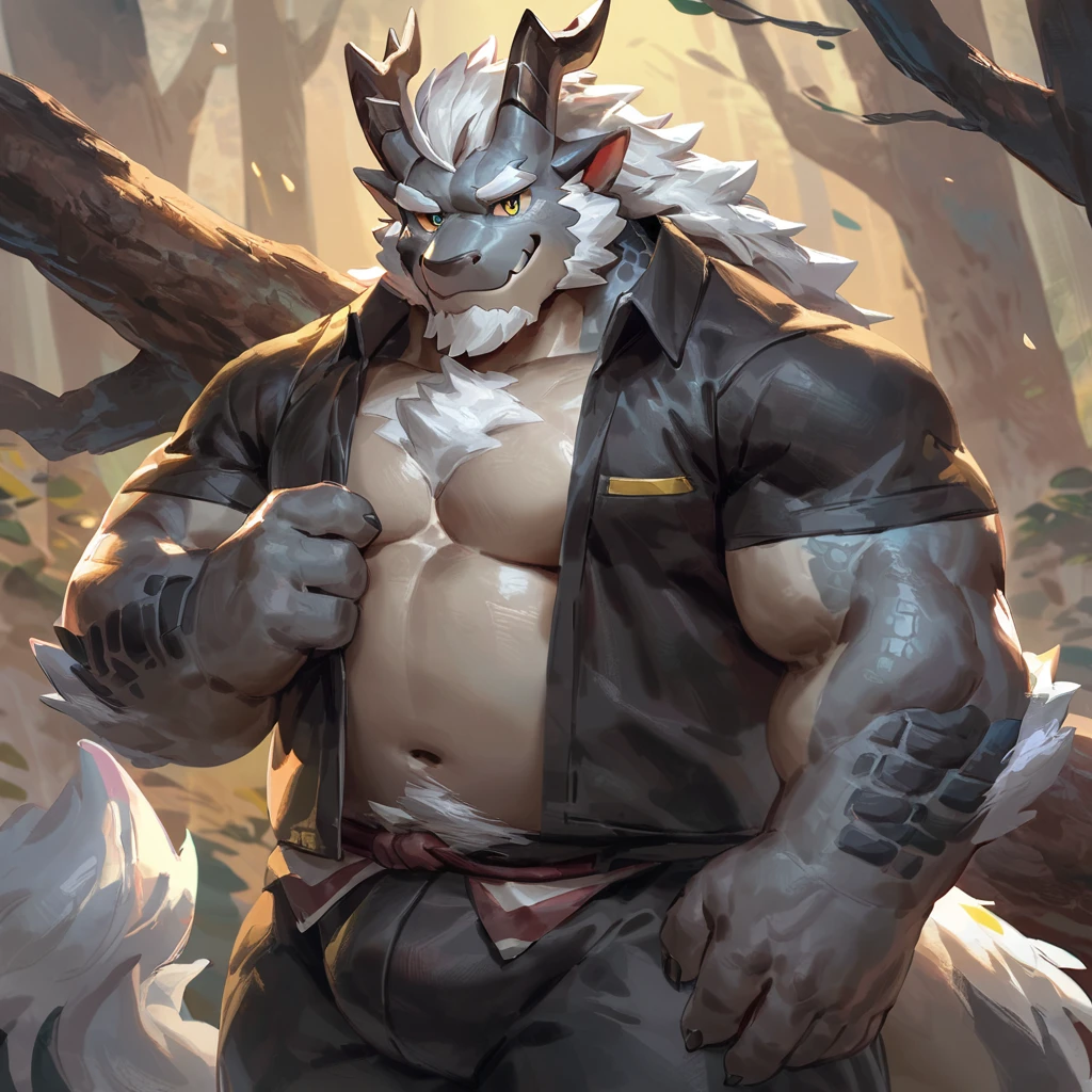 (artist: gamma_g, lindong, null-ghost, dangpa) 1male, sfw, eastern dragon, , bara, one fluffy tail, old man, fluffy mane, , grey body, white hair, background, dark shadows, solo, scales, detailed scales, golden decals, casual clothes, branch horns, sharp short ears, yellow iris, white sclera, big eyes, white beard, white mustache, sharp iris, thick thighs, muscular legs, veiny, fluffy hair, detailed face:2.0, one tail, masterpiece:2.0, sharp fang, perfect eyes, smug, chest fluff