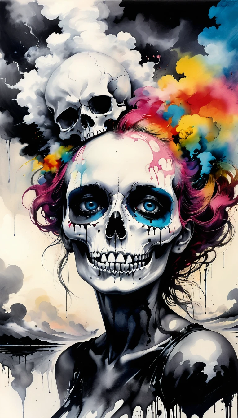 Abstract colorful ink painting of a woman , skull, Before you lose consciousness ; Black and white clouds, crazy devil, A colorful painting by Stephen Gammell、Detailed mixed media ink illustrations, Rafael Ossola, John Eggcranes,