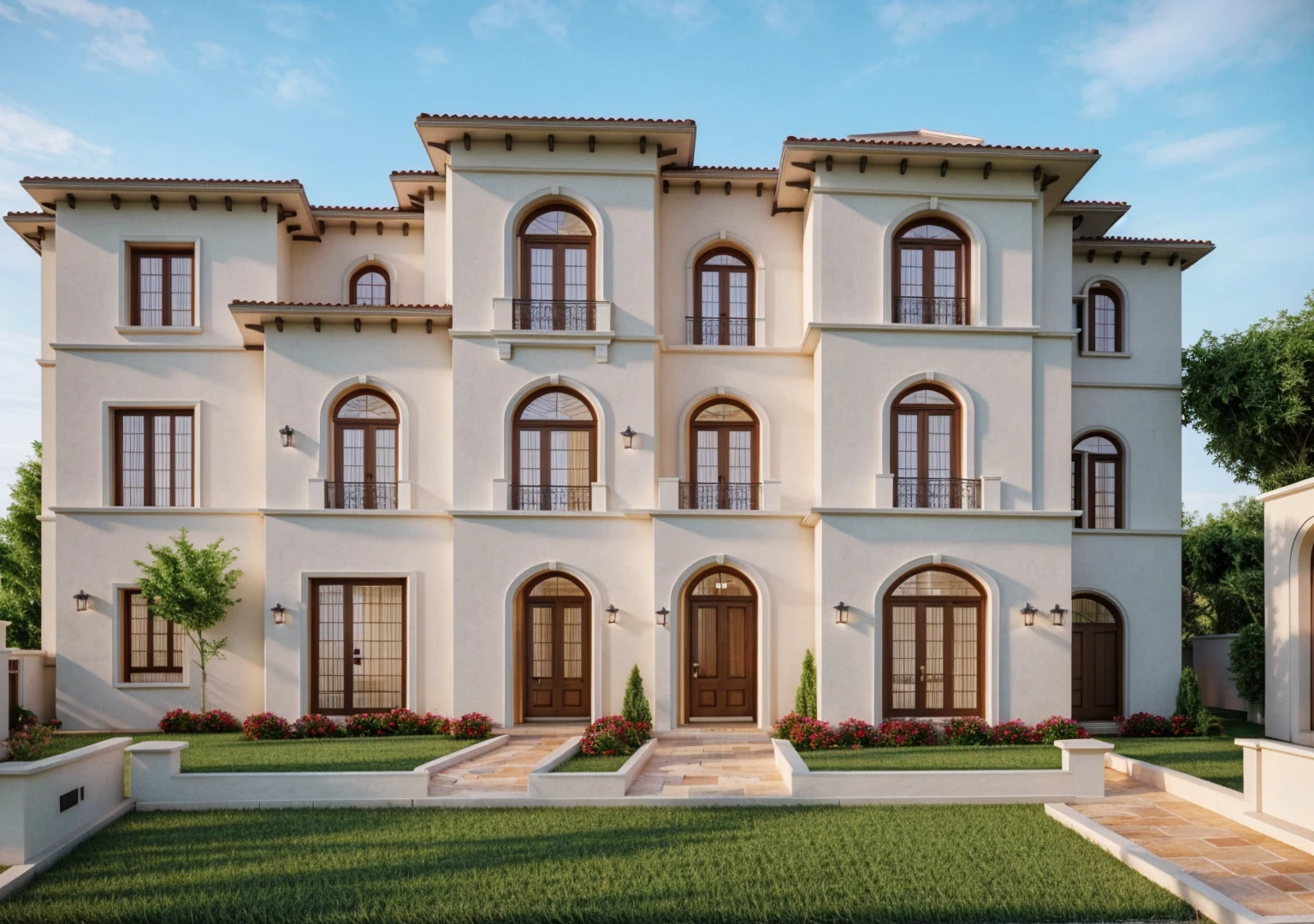 (Mediterranean Revival  house ,close houses and trees), (Mediterranean Revival  style architecture) daylight ( best quality) ((high solution)) ,(( photo realistic)) ,warm light,  soft lighting, warm atmosphere,high Resolution, hyper detailed,4k ,vray render, octane render, hyper realistic, photography expert ,exterior design , professional photography, exterior photography,wide-angle shot , ultra detail , high Resolution , full frame, full body