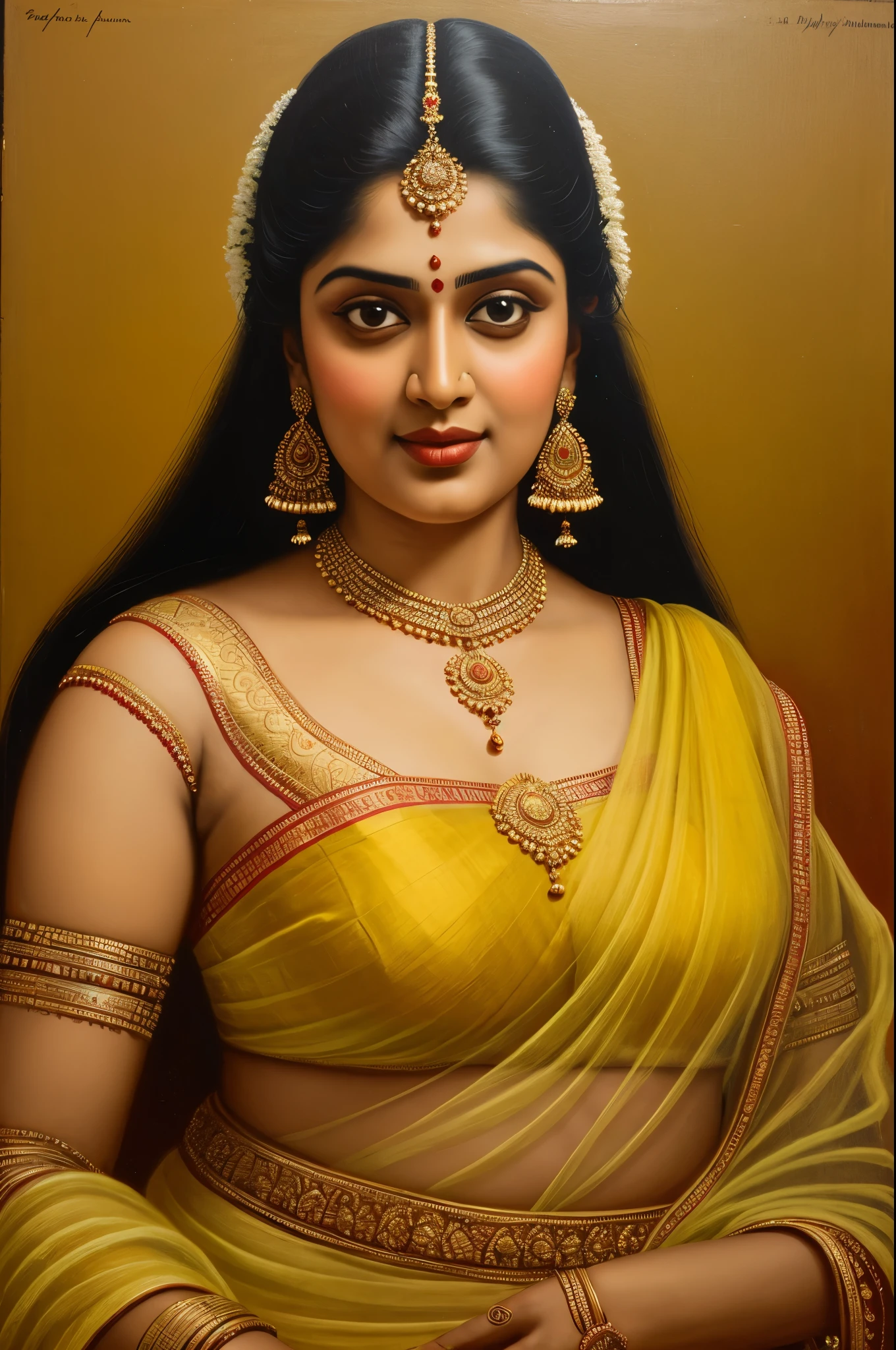Beautiful painting of a woman in a sari with a necklace and earrings, beautiful thick figure, Thick curvy beauty, looks like Sandeepa Dhar, inspired by Raja Ravi Varma, szukalski ravi varma, portrait of a beautiful goddess, by Raja Ravi Varma, indian goddess, traditional beauty, a stunning portrait of a goddess, inspired by T. K. Padmini, indian art, indian goddess of wealth, portrait of a goddess