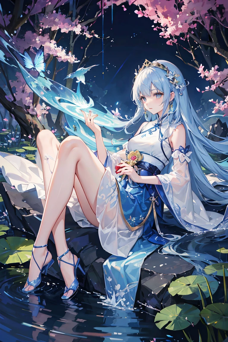 There is a blue skirt, 16 Long Legs, A woman sitting on a rock in the water, Standing gracefully on the lotus, Ethereal Beauty, Wearing blue cheongsam, court, Girl wearing Hanfu, Wearing blue cheongsam, Full of fairy atmosphere, In the pond, White Hanfu, A stunning young ethereal figure, floating dress, Light Blue, hair behind ears  