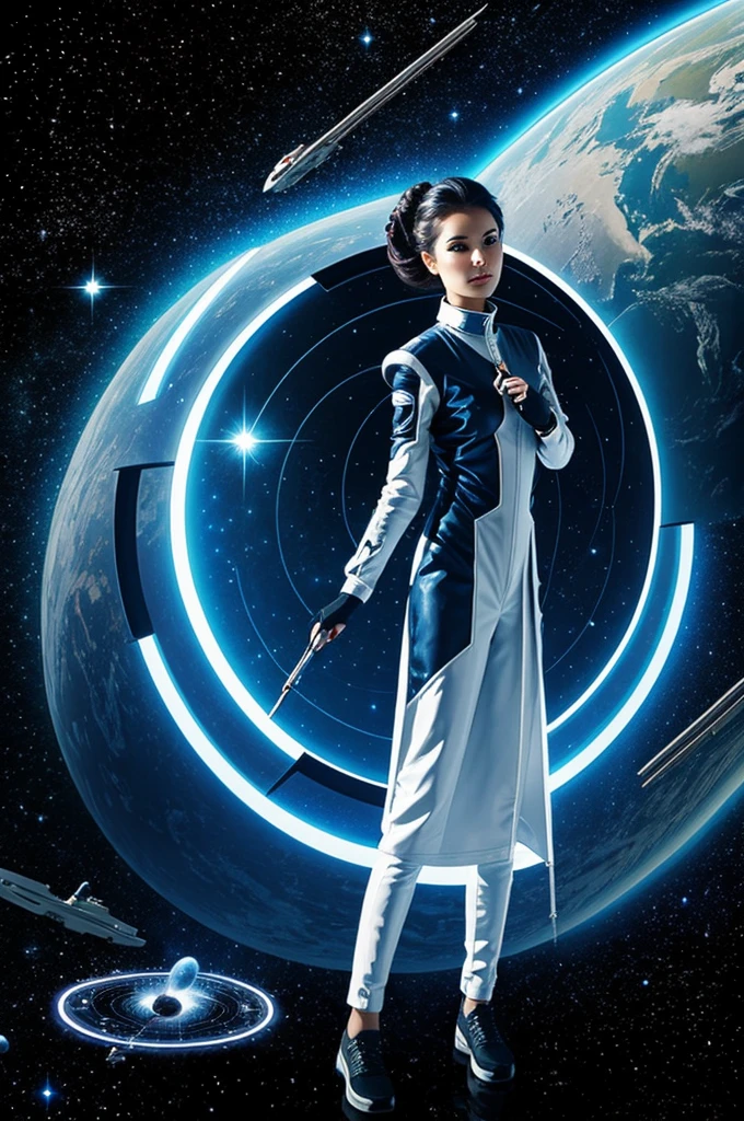 Artist woman dressed in futuristic clothing painting a picture in a star space
