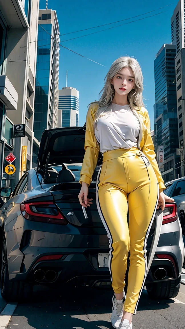 photorealistic, high resolution, soft light,1women, solo, hips up, (detailed face), white long hair, narutal big breast, yellow suit, cybersamurai, cyborg at leg and arm, naked body, small breast, cyberpunk, holding gun, glowing, gun, sniper, on the street, with mecha
