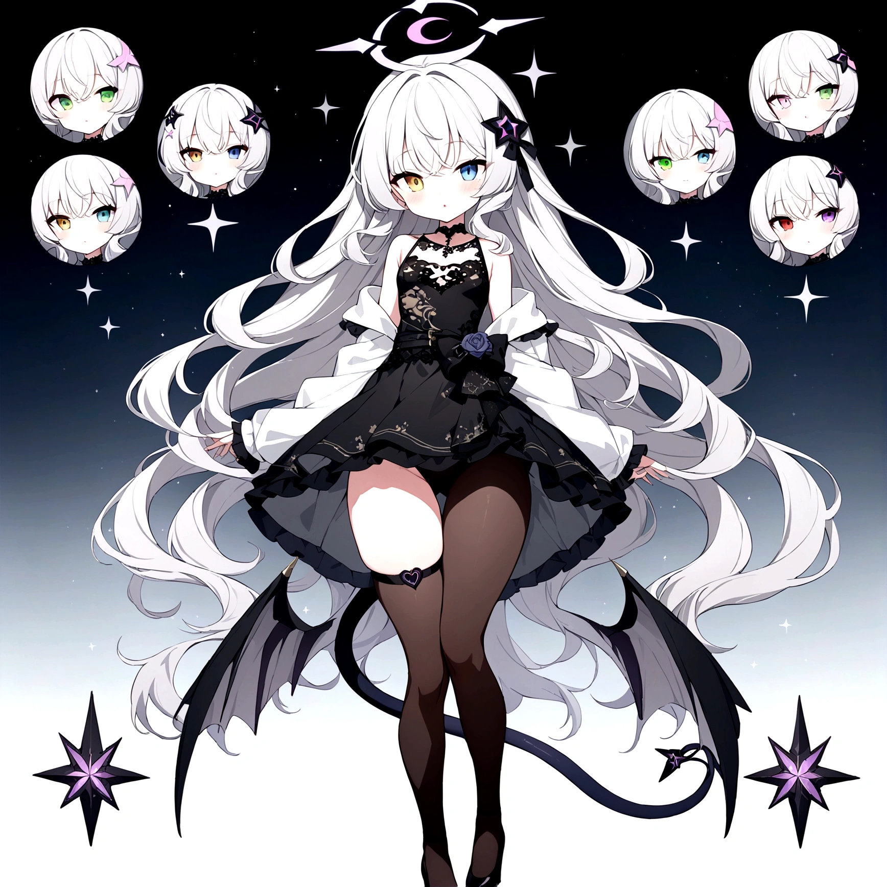woman 160 cm tall, slim build. (character design sheet: front view). Long Wavy Gray Hair with Knee Length Curls. (heterochromia: one light green eye and one amber eye), she has little ribbons in her hair, crescent-shaped barrette on the right side of the hair. extremely detailed face, small face, Beautiful detailed eyes, beautiful detailed lips. adorable, extremely detailed legs, (Best Quality, 4k, 8k, high resolution), ultra detailed, Exquisite and epic character art.. Black high stockings with gold star print.. Black platform heels, One-piece dress with low waist and ruffles. It has black and pink robotic arms. dark gray belt at the waist with a small platinum blue crescent, black necklace on the neck with rose-shaped decoration. He has short angel wings on his back that are dark blue and black... It has a succubus tail that ends in a heart shape at the tip... Wide hips. Wears a luminous gray and black halo with rose patterns.. (small chest size).