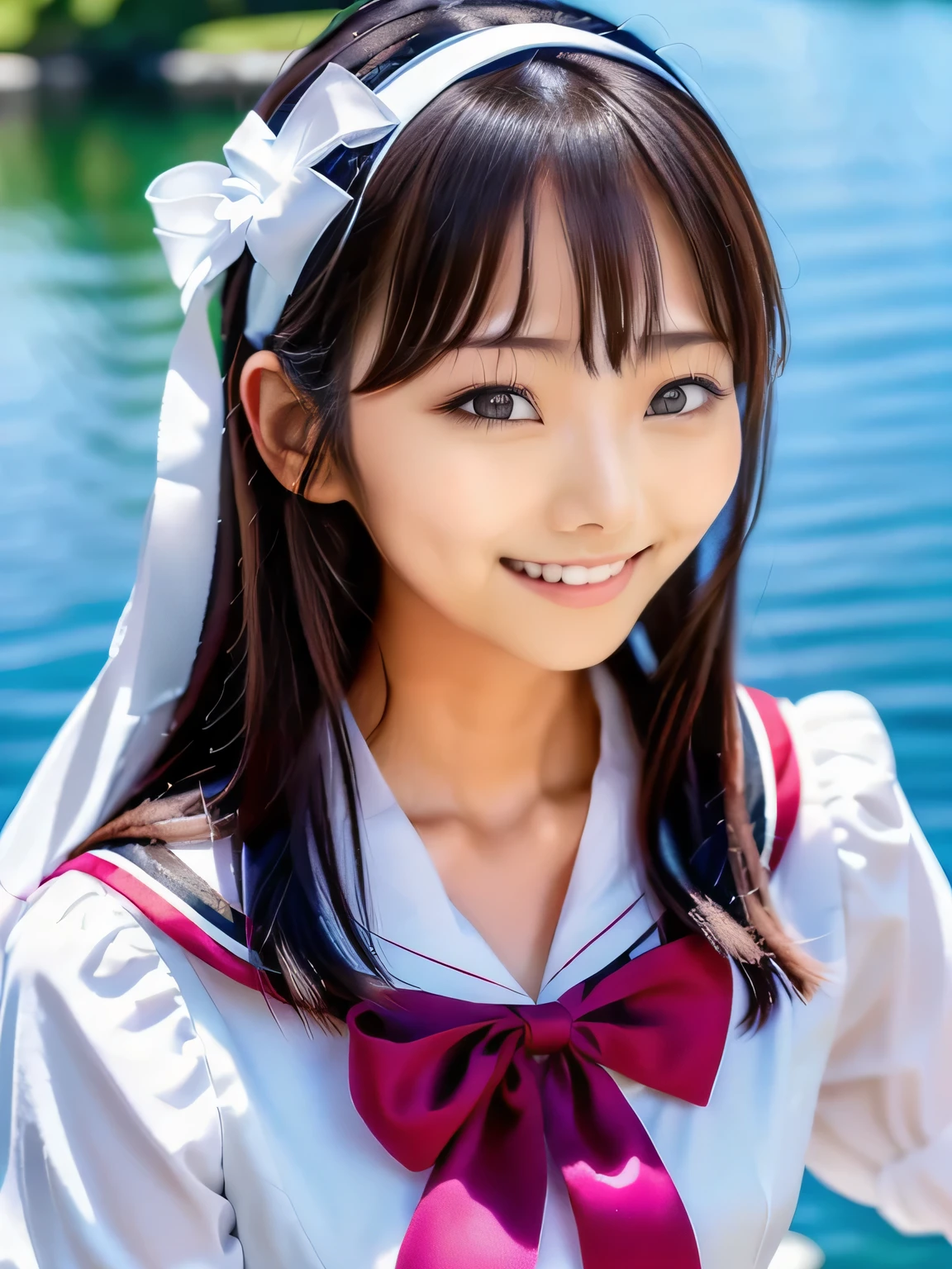 Sailor-style dress, There is a woman wearing a sailor-like outfit., sakimichan, A cute woman dressed in a Japanese idol costume, narumi kakinouchi, Sakura Kinomoto, Hole in the Motto, Cute Core, Face that faithfully reproduces the face of LoRA, High resolution, Very detailed, Natural Bangs, highest quality, smile