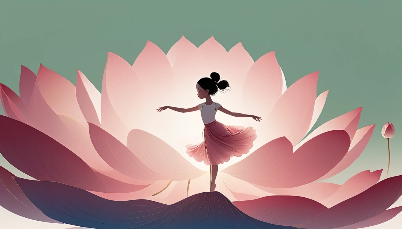 vector,Flat form,illustration,The Minimalists,数字艺术illustration,Pink hue,Abstract,artistic conception,Blooming,Lotus Pond,A lot of white space in the center of the screen;Huge lotus flowers。Silhouette of a little girl dancing in the background;