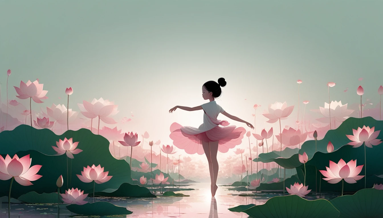 vector,Flat form,illustration,The Minimalists,数字艺术illustration,Pink hue,Abstract,artistic conception,Blooming,Lotus Pond,A lot of white space in the center of the screen;Huge lotus flowers。Silhouette of a little girl dancing in the background;