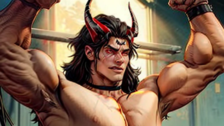 man, young, Beautiful, Haughty, black long hair, Red eyes, daemon, life, press, pumped up, high, black horns masterpiece, realistic, high quality