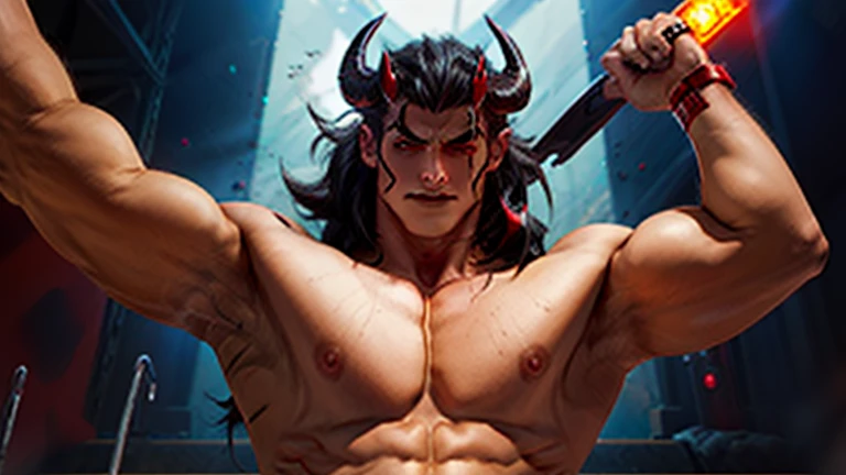 man, young, Beautiful, Haughty, black long hair, Red eyes, daemon, life, press, pumped up, high, black horns masterpiece, realistic, high quality