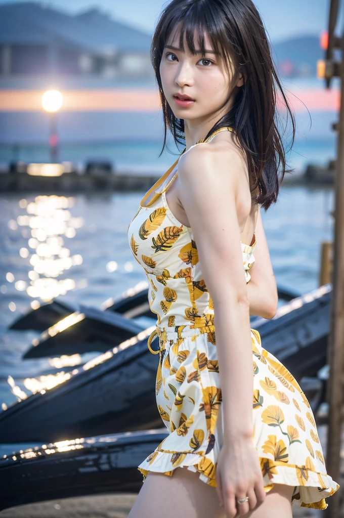 (realistic, photo-realistic:1.37),(8k, RAW photo, best quality, masterpiece:1.2), extremely fine detailed, ultra-detailed, physically-based rendering, ultra high res, kodakvision color, shot on Arricam LT Camera, bokeh, sharp focus, looking at viewer, photorealistic, realistic, solo, photorealistic, best quality, extremely detailed face, extremely detailed eyes and face, beautiful detailed eyes and hair, cuticle, absurdres, incredibly absurdres, floating hair,perfect body, ((yellow tropical pattern sundress, evening light)), walking on beach, turning towards viewer, waves in background, sunset sky
