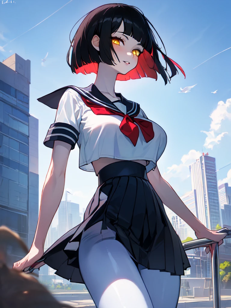SFW (masterpiece, best quality, 32k) a teenage girl with medium black hair ((stark black hair, coal black hair, bangs, diagonal bangs, blunt bangs, bob, messy bob, wavy bob, inverted bob)), ((brown eyes, yellow eyes, amber eyes, golden eyes, eagle eyes:1.5, bright eyes, beautiful eyes, detailed eyes, finely detailed eyes, highly detailed eyes)) ((youthful face, beautiful face, cute face, sexy face)), ((pale skin, white skin, porcelain skin, smooth skin, soft skin)), standing, walking, outside, outdoors, city, modern city, sidewalk, buildings, skyscrappers, sky, clouds, simple background. ((Modern clothes, academy uniform, uniform, serafuku, sailor uniform, white shirt, short-sleeved shirt, sailor collar, pink ribbon, black miniskirt, high-waist miniskirt, black pantyhose)), ((huge breasts:1.7, enormous breasts:1.4, gigantic breasts:1.4, round breasts:1.3, perky breasts:1.3)), ((slim:1.4, lithe:1.4, slender:1.4, thin:1.4, busty:1.2, buxom:1.2, supermodel body:1.2, svelte body:1.2, fit body:1.2)), ((round hips, thin waist, waspish waist, slim waist)), ((long legs, slender legs)), small smile ((full lips)), calm expression, content expression, serene expression, happy expression, open eyes, large eyes, expressive eyes, head-to-waist portrait, cinematics, color oil painting, cinematic lighting, ((extremely detailed face)), ((finely detailed face)), Extremely detailed eyes, finely detailed eyes, beautiful face, beautiful eyes, perfect lighting, depth of field, (realistic proportions), (good anatomy), ((solo:1.6)), ((1girl:1.6))