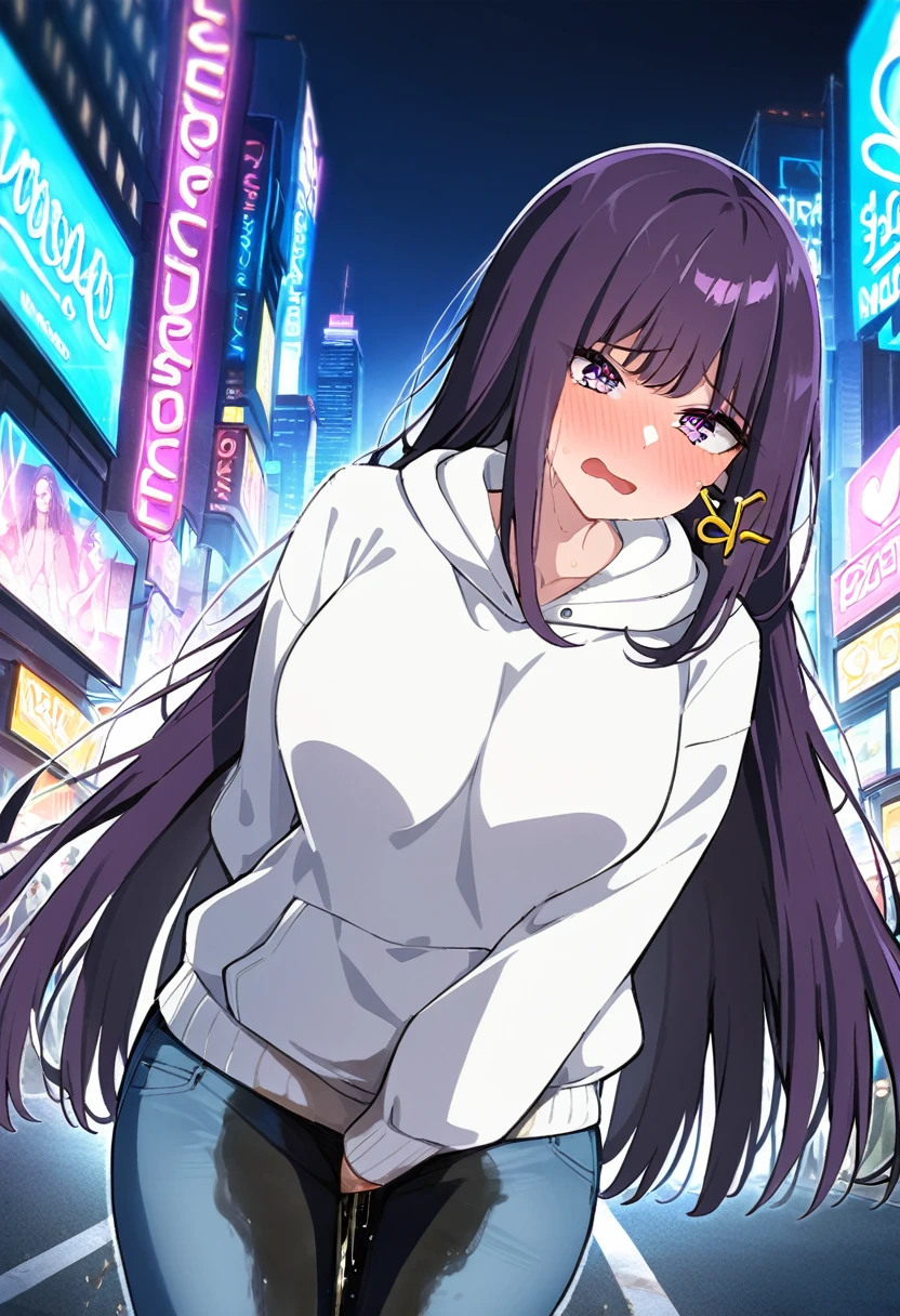 (masterpiece:1.37), best quality, (extremely detailed:1.37), (1girl:1.5), woman, (mature:1.5), (adult:1.5), large breasts, very long hair, (straight hair:1.5), (very dark purple hair:1.5), purple eyes, (extremely detailed eyes:1.37), hoodie, jeans, desperation, (wetting self:1.5), standing, embarrassed, humiliation, blushing, angry, city, futuristic, neon lighting, high-tech, street, skyscraper