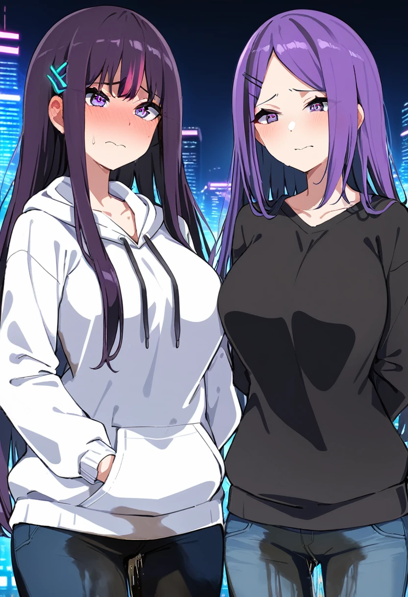 (masterpiece:1.37), best quality, (extremely detailed:1.37), (1girl:1.5), woman, (mature:1.5), (adult:1.5), large breasts, very long hair, (straight hair:1.5), (very dark purple hair:1.5), purple eyes, (extremely detailed eyes:1.37), hoodie, jeans, desperation, (wetting self:1.5), standing, embarrassed, humiliation, blushing, angry, city, futuristic, neon lighting, high-tech, street, skyscraper