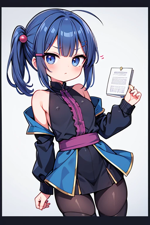 Cute naughty Assassin girl, Pastel colors hair, medium breasts, (Thighs, fishnet pantyhose, ninja costume), short hair, (dark blue hair:1.2), (naked:1.3), (forehead:1.2, bangs pinned back, asymmetrical bangs, hairclip, side ponytail:1,2), standard height, (Serious, Large eyes, yuruyuri), at the adventurer's guild, A bulletin board with posted paper