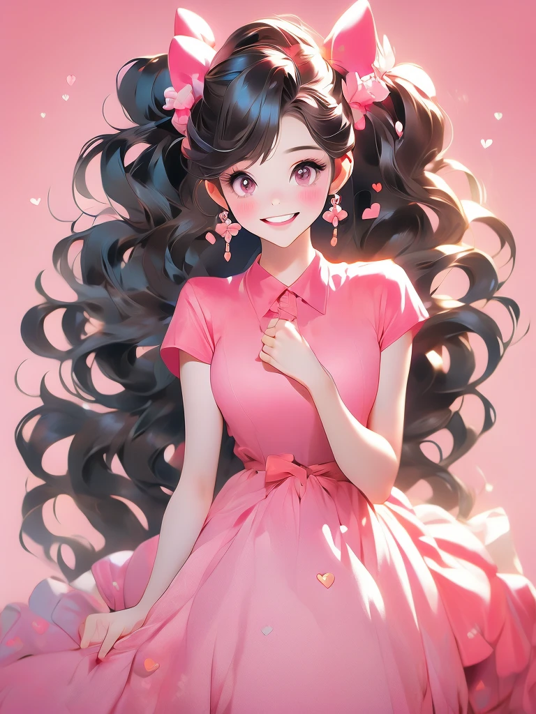 ((masterpiece,best quality)), absurdres,
smile, looking at viewer,
Hu_Tao_Genshin, 1girl, very long hair, brown hair, red eyes, brown eyes, flower-shaped pupils, twintails, hu tao \(genshin impact\), hat,
pink theme, head tilt, 
blush, box, closed mouth, commentary request, creatures (company), dress, earrings, eyelashes, game freak, gift, gift box,  holding gift, jewelry, nintendo, pink dress, red shirt, shirt, short sleeves, waist apron, wrist cuffs, heart, grin, simple background, pink background, hearts background,