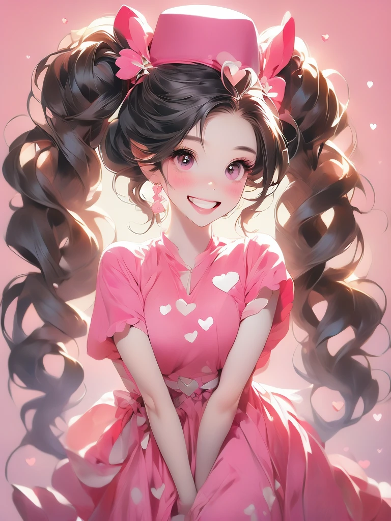 ((masterpiece,best quality)), absurdres,
smile, looking at viewer,
Hu_Tao_Genshin, 1girl, very long hair, brown hair, red eyes, brown eyes, flower-shaped pupils, twintails, hu tao \(genshin impact\), hat,
pink theme, head tilt, 
blush, box, closed mouth, commentary request, creatures (company), dress, earrings, eyelashes, game freak, gift, gift box,  holding gift, jewelry, nintendo, pink dress, red shirt, shirt, short sleeves, waist apron, wrist cuffs, heart, grin, simple background, pink background, hearts background,